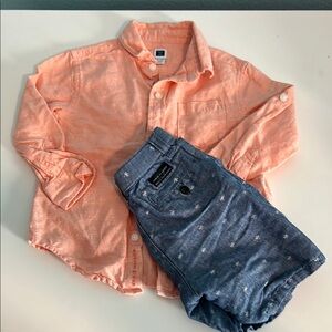 JANIE and JACK  linen cotton Orange Button-Up Shirt and Blue Shorts Set